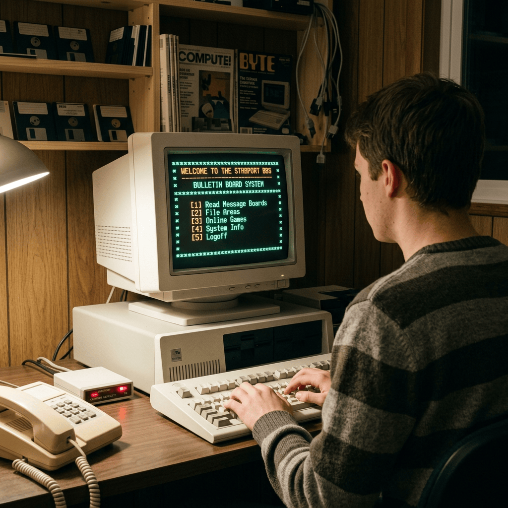 Person using vintage computer displaying a bulletin board system menu